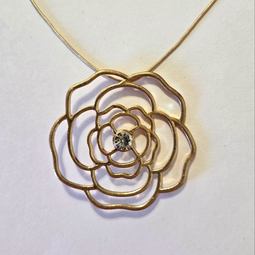 Carol Dauplaise Gold Tone Large Flower Pendant Necklace With White Stone